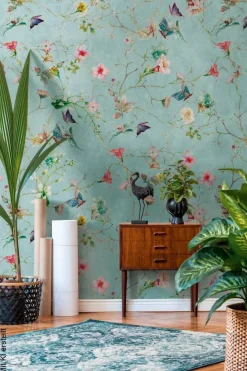 Livingwalls Fototapete Blütenzweig türkis rosa grün B/L: ca. 280x159 cm