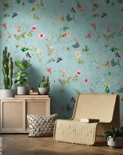 Livingwalls Fototapete Blütenzweig türkis rosa grün B/L: ca. 280x159 cm
