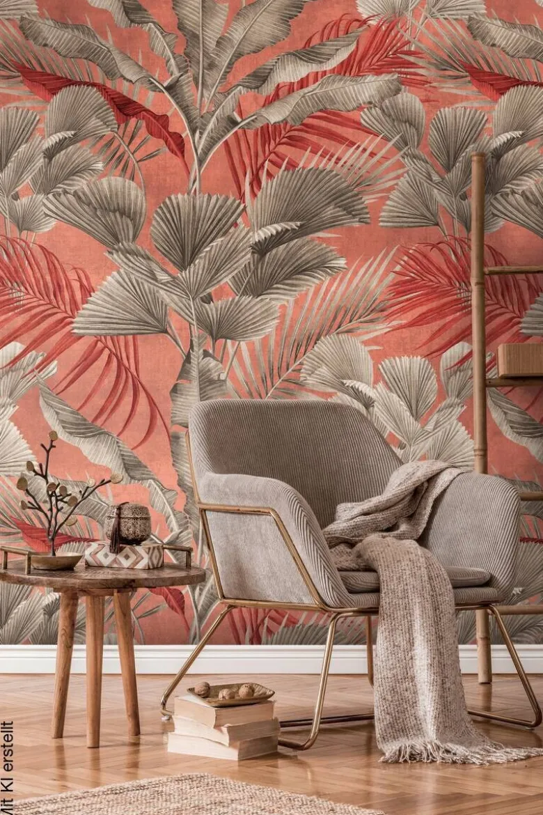 Livingwalls Fototapete Blätter grau rosa rot B/L: ca. 280x159 cm