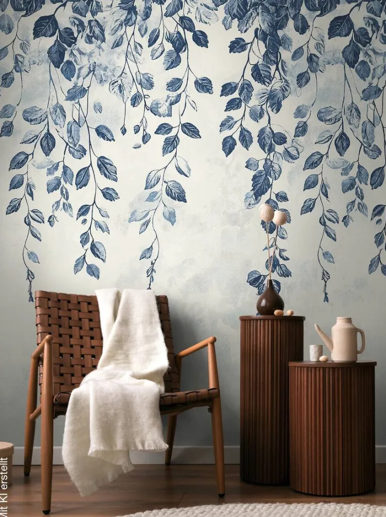 Livingwalls Fototapete Blätter creme weiß blau B/L: ca. 280x159 cm