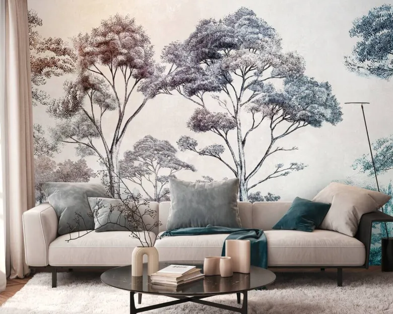Livingwalls Fototapete Bäume blau bunt creme B/L: ca. 280x371 cm