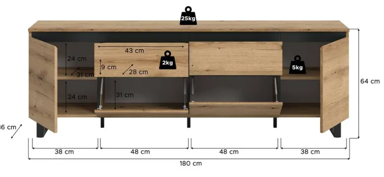 Lowboard Tomasa Evoke Oak Nachbildung schwarz B/H/T: ca. 188x65x36 cm