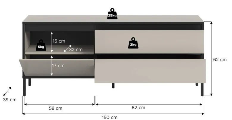 Lowboard Tron Kaschmirgrau Nachbildung schwarz B/H/T: ca. 150x62x38 cm