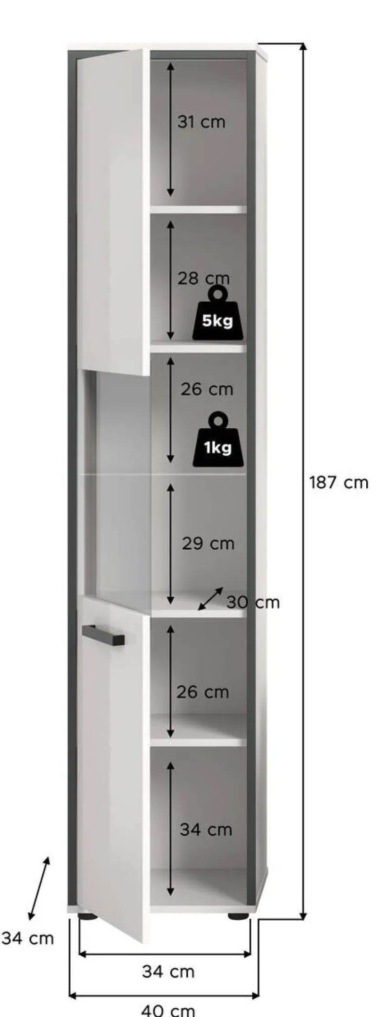 Midischrank KOJAK weiß Hochglanz anthrazit grau B/H/T: ca. 40x188x34 cm