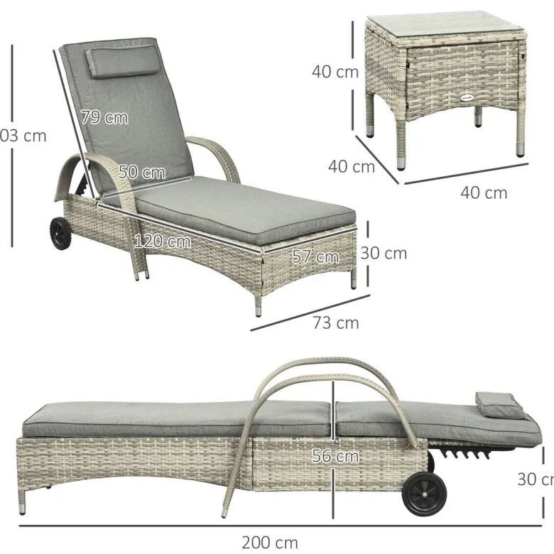 Outsunny Gartenliege-Set mit Tisch grau Polyrattan B/H/L: ca. 73x103x200 cm