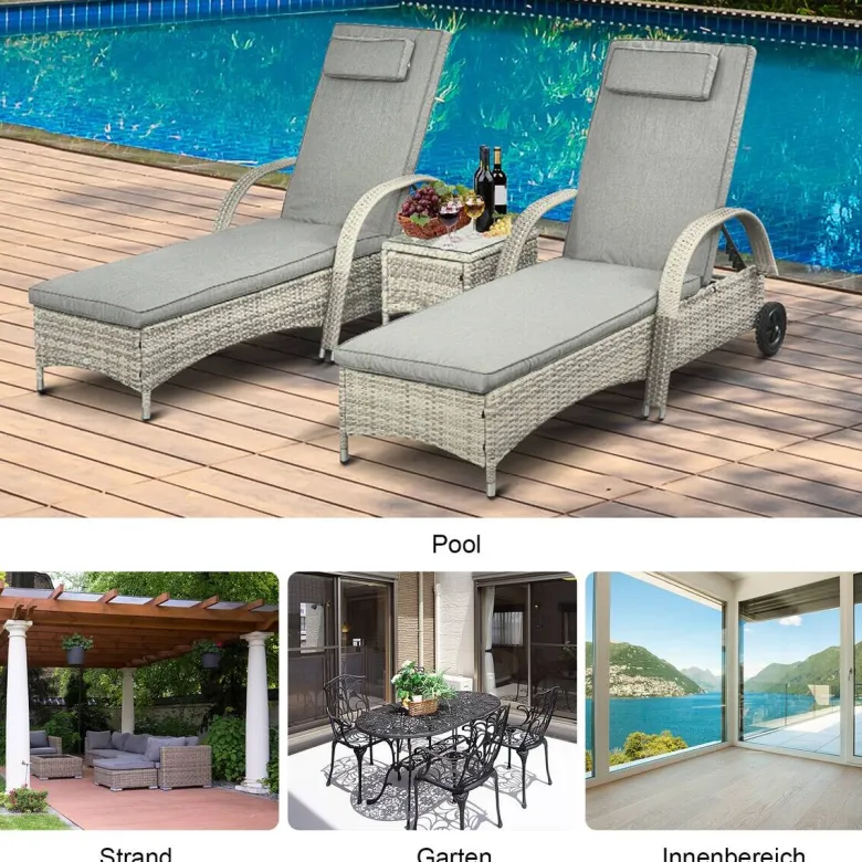 Outsunny Gartenliege-Set mit Tisch grau Polyrattan B/H/L: ca. 73x103x200 cm