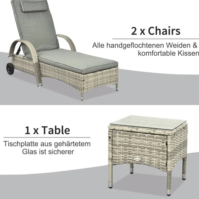 Outsunny Gartenliege-Set mit Tisch grau Polyrattan B/H/L: ca. 73x103x200 cm