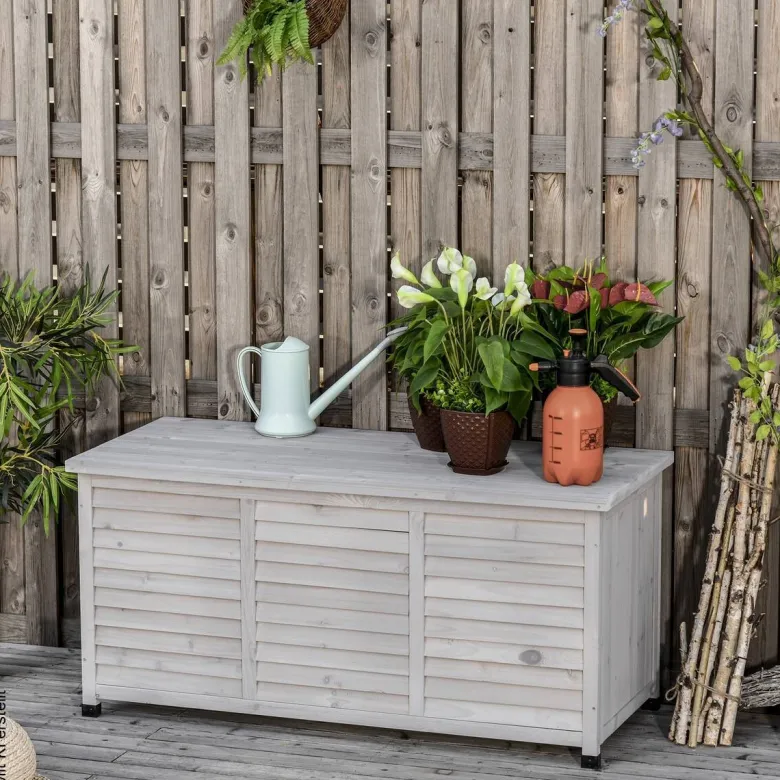 Outsunny Gartentruhe mit Stauraum grau Holz B/H/L: ca. 56x60x127 cm