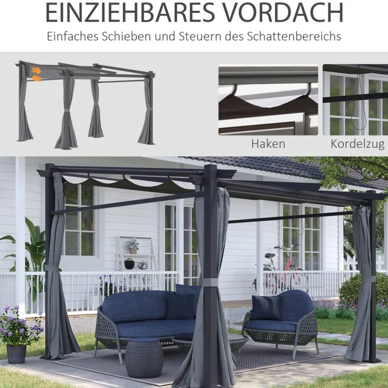 Outsunny Pergola mit Sonnendach grau Polyester B/H/L: ca. 295x230x297 cm