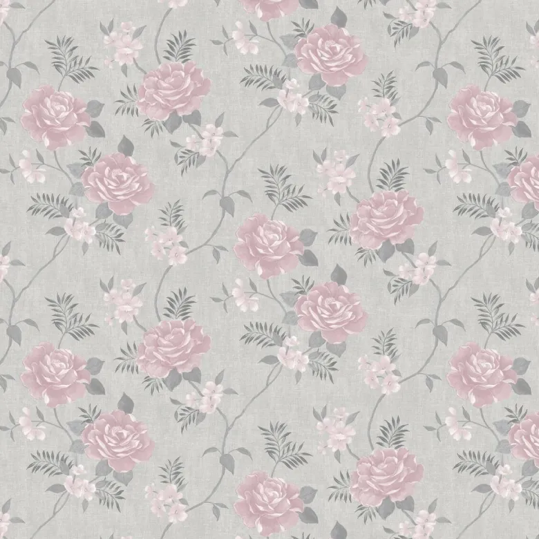 Papiertapete Blumenranke hellgrau dunkelgrau rosa B/L: ca. 53x1005 cm