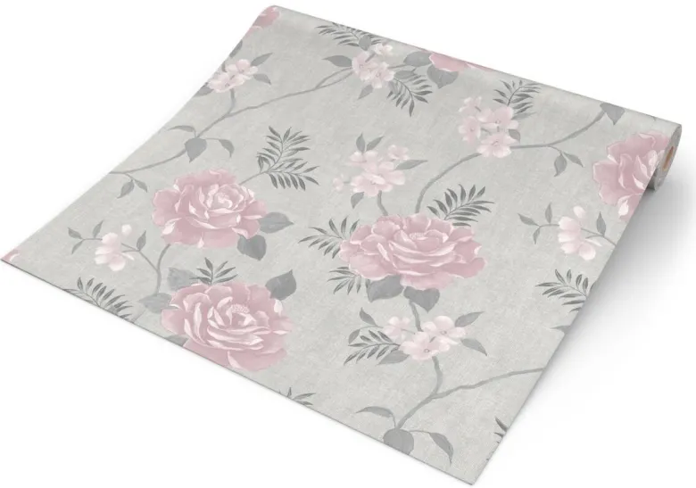 Papiertapete Blumenranke hellgrau dunkelgrau rosa B/L: ca. 53x1005 cm