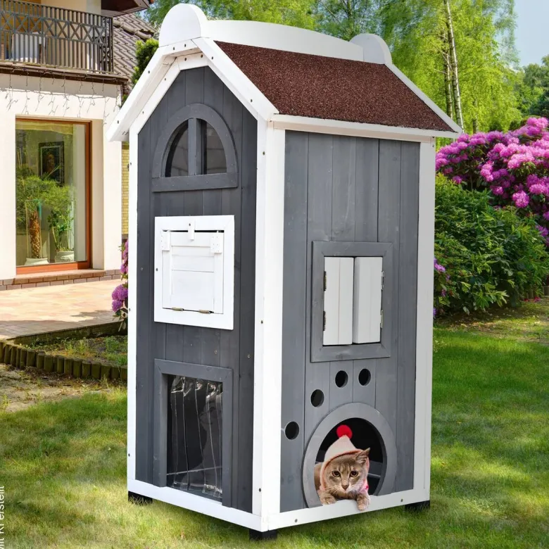 PawHut Katzenvilla grau Holz B/H/L: ca. 55x109x59 cm