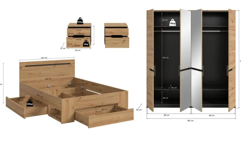 Schlafzimmer CANU, Set basaltgrau Artisan Nachbildung