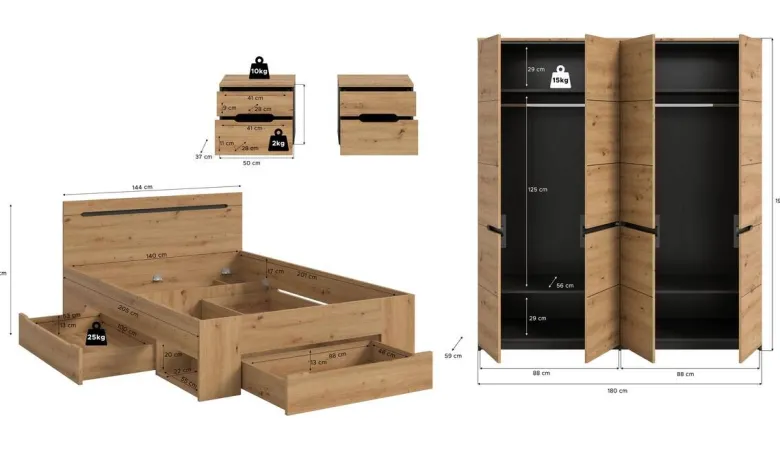 Schlafzimmer CANU, Set basaltgrau Artisan Nachbildung