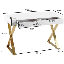 Schreibtisch weiß Lack Hochglanz gold lackiert B/H/T: ca. 118x76x57 cm