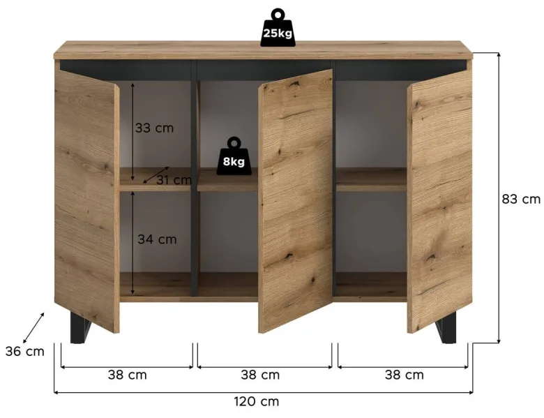 Sideboard Tomasa Evoke Oak Nachbildung schwarz B/H/T: ca. 120x84x36 cm