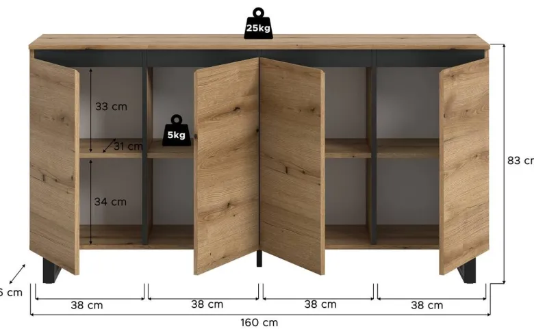Sideboard Tomasa Evoke Oak Nachbildung schwarz B/H/T: ca. 160x84x36 cm
