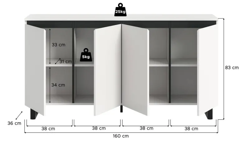 Sideboard Tomasa weiß schwarz B/H/T: ca. 160x84x36 cm