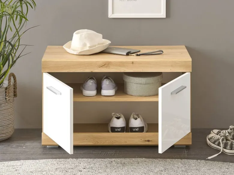 Sitzbank Nola Eiche Artisan Nachbildung weiß Hochglanz B/H/T: ca. 80x49x38 cm