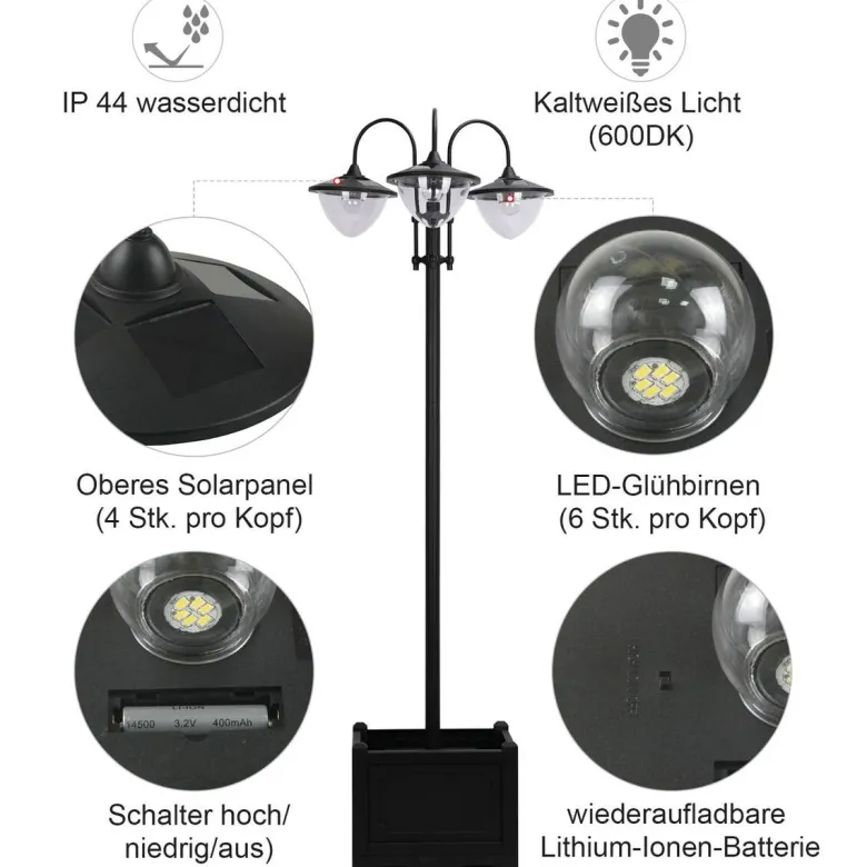 Solarlaterne mit Blumentopf schwarz Aluminium Edelstahl Polypropylen B/H/L: ca. 55x189x60 cm