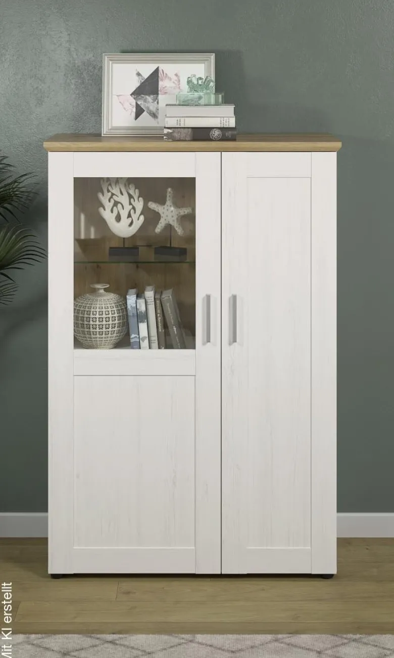 Standvitrine Shade weiß Pinie Nachbildung Eiche Artisan Nachbildung B/H/T: ca. 95x140x38 cm