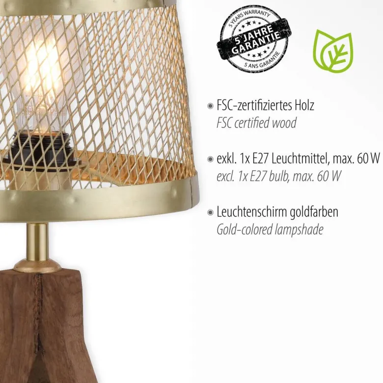 Stehlampe Frederik messing Holz B/H/L: ca. 46x145x46 cm E27 1 Brennstellen
