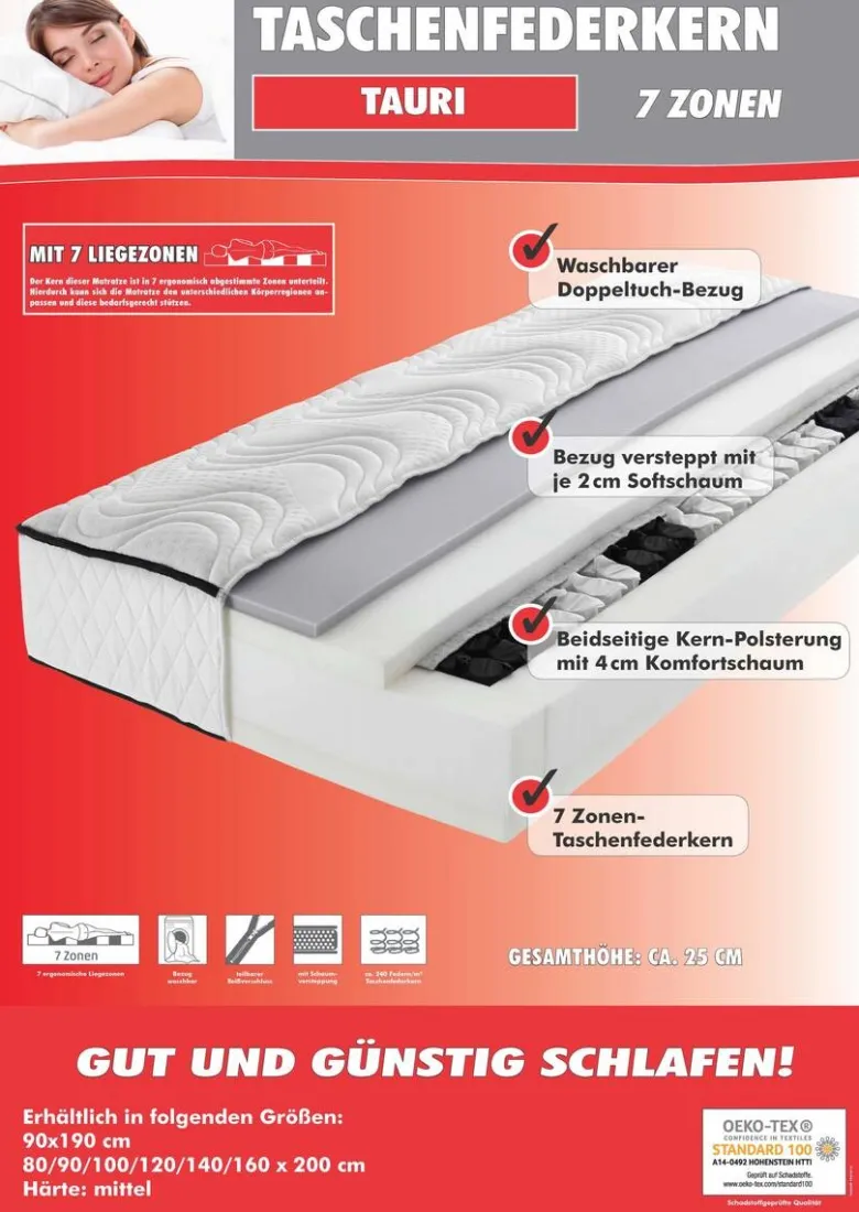 Taschenfederkernmatratze Tauri Liegefläche B/L: ca. 90x200 cm