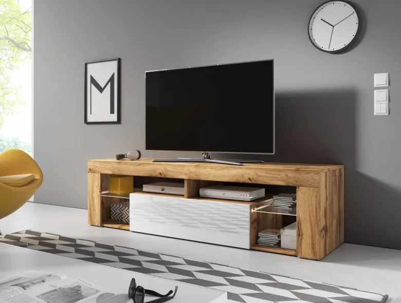 TV-Lowboard TV LOWBOARD Everest 140 LED Eiche Wotan Nachbildung weiß glänzend B/H/T: ca. 140x50x35 cm