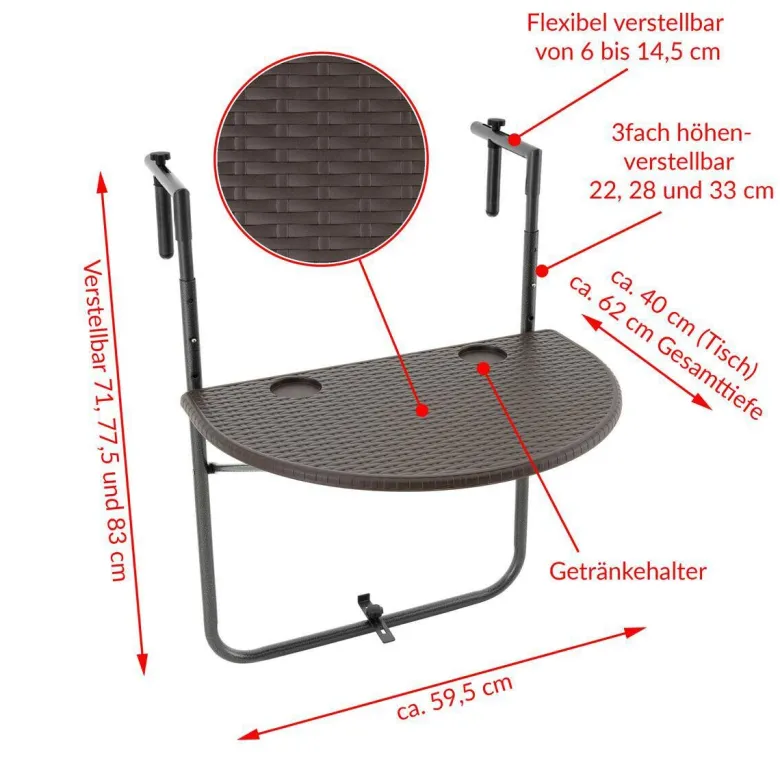 VCM Balkonhängetisch braun Polyrattan B/H/T: ca. 60x83x62 cm