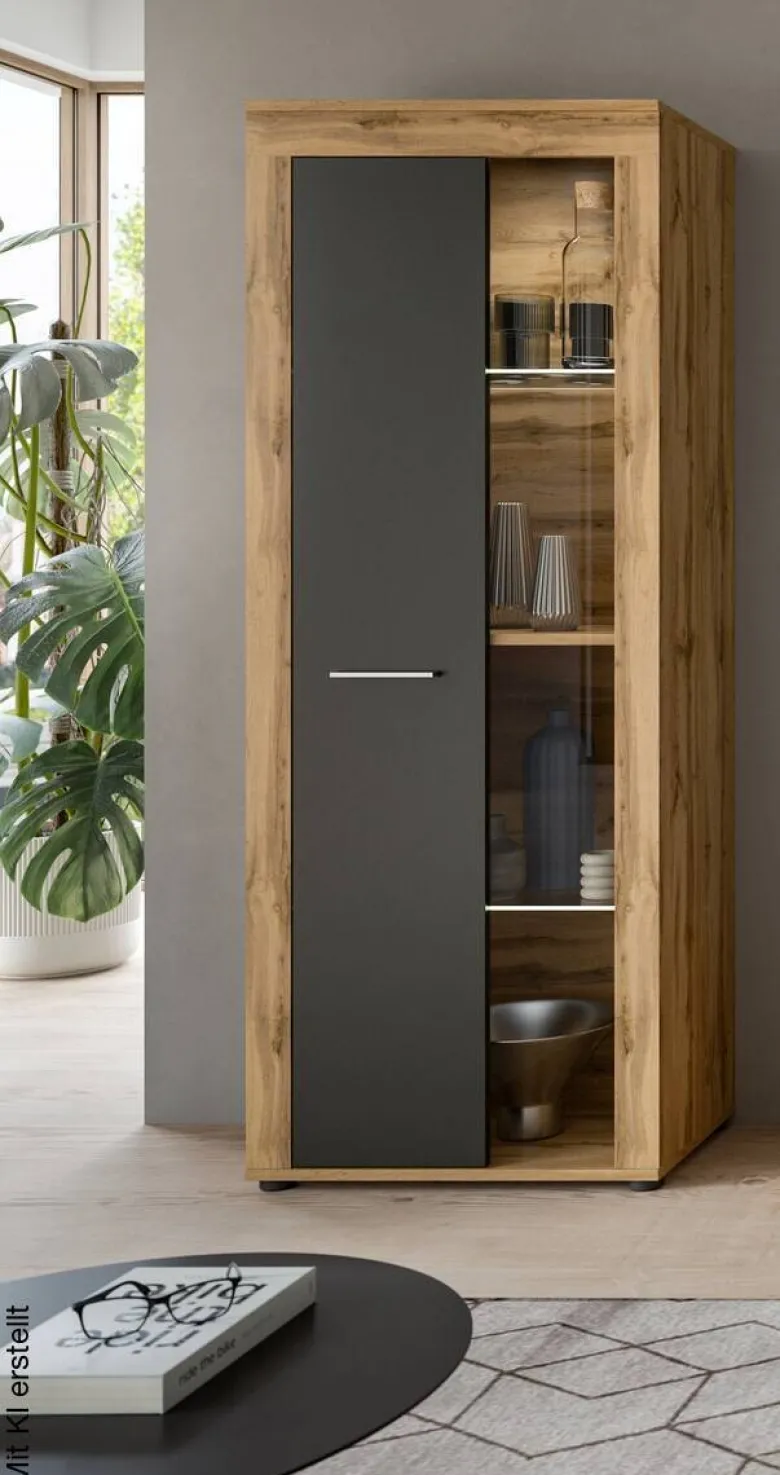 Vitrine Jam Eiche Wotan Nachbildung grau B/H/T: ca. 60x159x35 cm