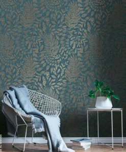 Vliestapete Blätter petrol gold B/L: ca. 53x1005 cm