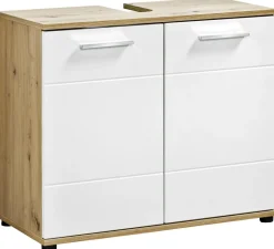 Waschbeckenunterschrank Bergen Eiche Artisan Nachbildung weiß Hochglanz B/H/T: ca. 70x61x35 cm