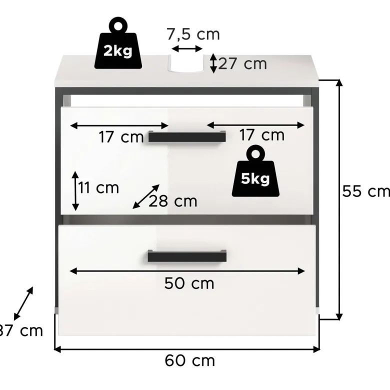 Waschbeckenunterschrank KOJAK weiß weiß Hochglanz anthrazit B/H/T: ca. 60x55x37 cm