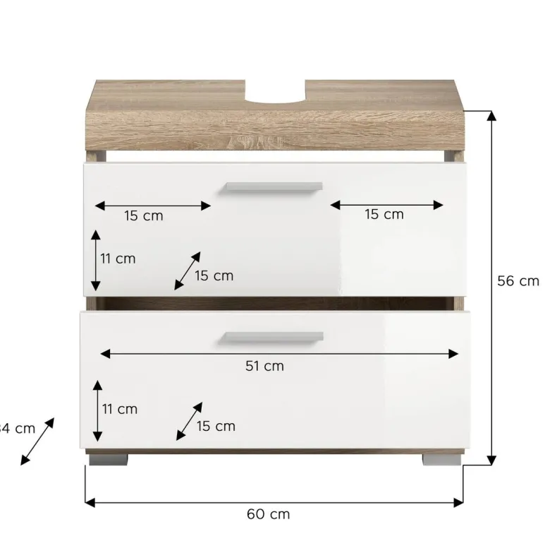 Waschbeckenunterschrank Lambada Eiche Sonoma Nachbildung weiß Hochglanz B/H/T: ca. 60x56x37 cm