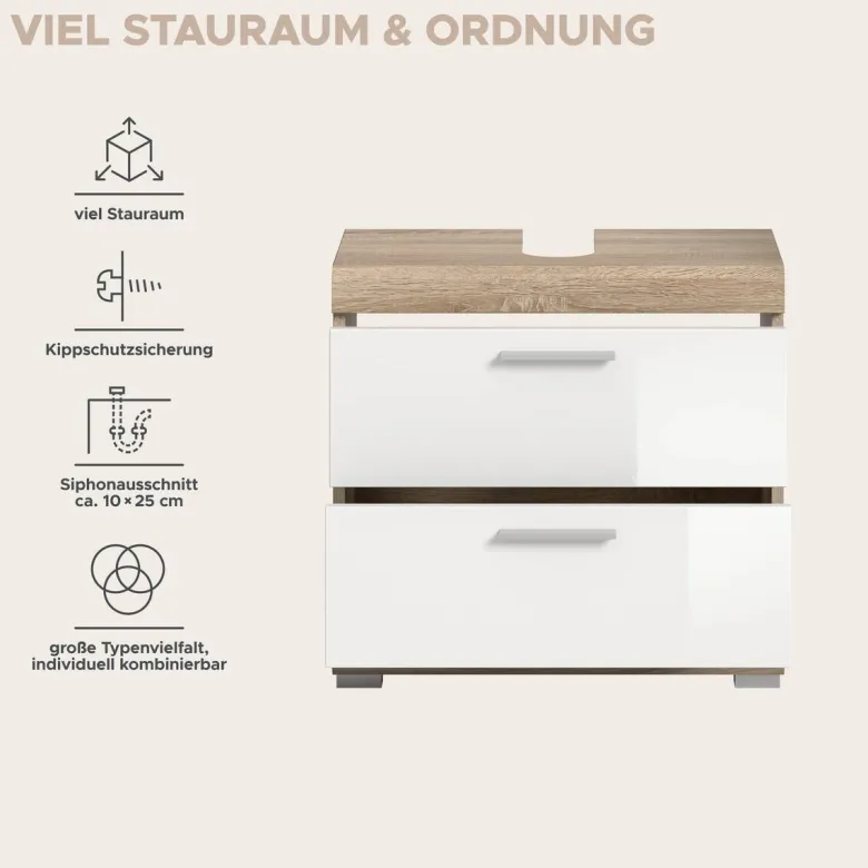Waschbeckenunterschrank Lambada Eiche Sonoma Nachbildung weiß Hochglanz B/H/T: ca. 60x56x37 cm