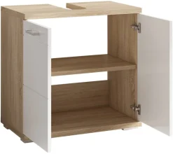 Waschbeckenunterschrank NEBRASKA Eiche Nachbildung weiß Lack Hochglanz silber B/H/T: ca. 60x59x31,5 cm