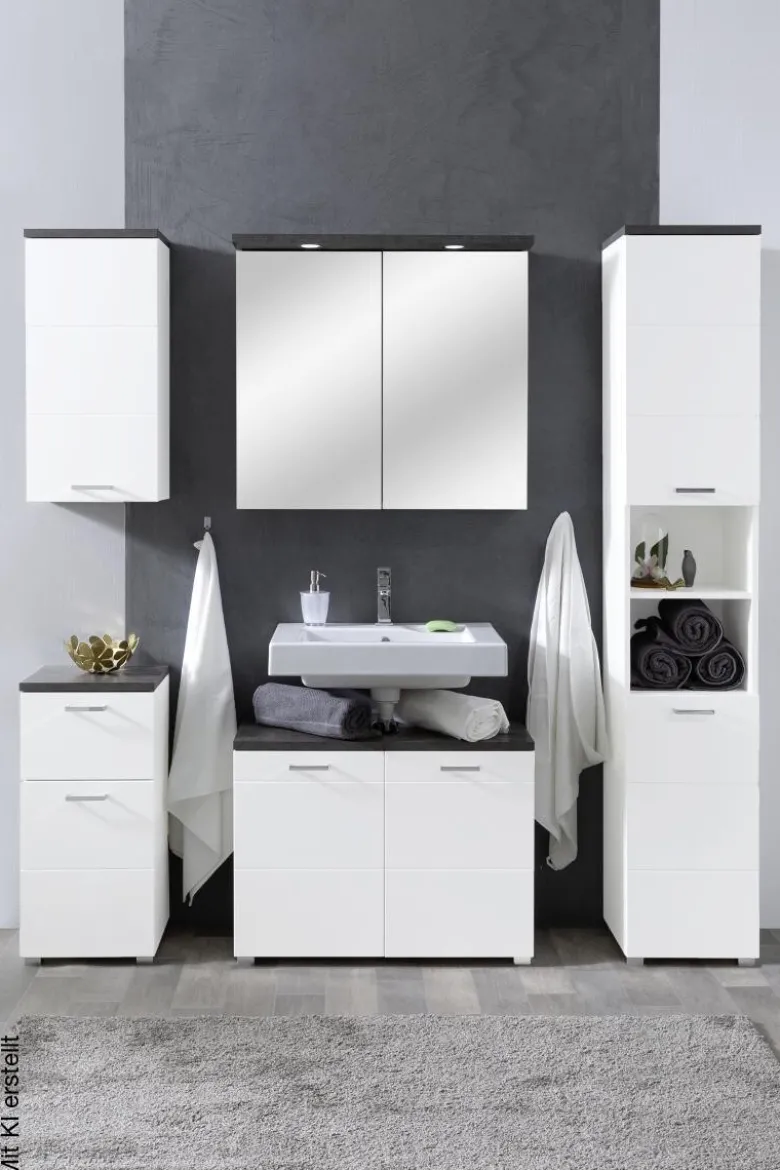 Waschbeckenunterschrank Praya Dark Concret Nachbildung weiß Hochglanz B/H/T: ca. 79x58x32 cm