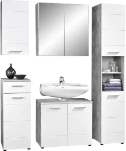 Waschbeckenunterschrank Stockholm Beton Optik weiß Hochglanz B/H/T: ca. 70x60x35 cm