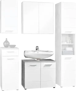 Waschbeckenunterschrank Stockholm Beton Optik weiß Hochglanz B/H/T: ca. 70x60x35 cm