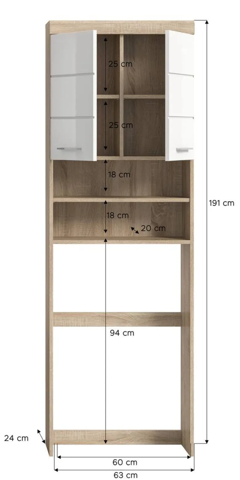 Waschmaschinenumbauschrank Lambada Eiche Sonoma Nachbildung weiß Hochglanz B/H/T: ca. 63x191x24 cm