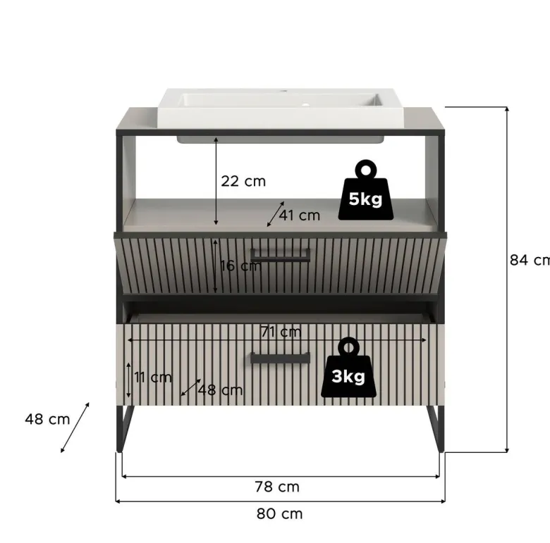 Waschplatz BAGNO schwarz Kaschmirgrau Nachbildung B/H/T: ca. 80x84x48 cm
