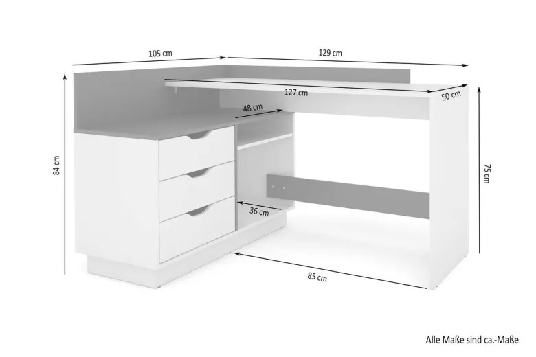 Winkelschreibtisch BELFAST anthrazit Eiche Optik B/H/T: ca. 129x83,5x105 cm