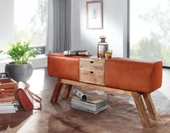 Wohnling Sitzbank braun natur Leder Echtholz B/H/T: ca. 120x56x30 cm