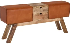 Wohnling Sitzbank braun natur Leder Echtholz B/H/T: ca. 120x56x30 cm