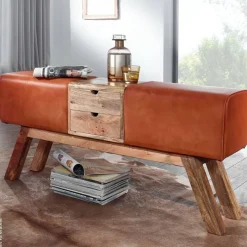 Wohnling Sitzbank braun natur Leder Echtholz B/H/T: ca. 120x56x30 cm