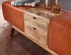 Wohnling Sitzbank braun natur Leder Echtholz B/H/T: ca. 120x56x30 cm
