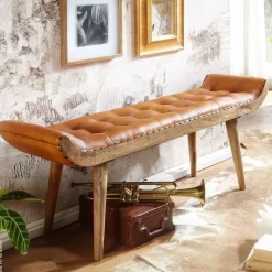 Wohnling Sitzbank braun natur Leder Echtholz B/H/T: ca. 125x50x38 cm