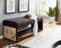 Wohnling Sitzbank dunkelbraun schwarz natur Stoff Eisen Echtholz B/H/T: ca. 105x40x40 cm