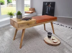 Wohnling Sitzbank natur braun Echtholz Leder B/H/T: ca. 100x52x38 cm