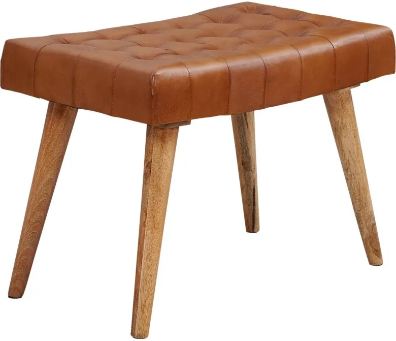 Wohnling Sitzhocker braun natur Leder Echtholz B/H/T: ca. 67x47x39 cm
